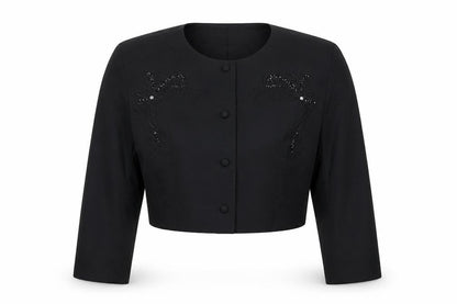 Paola Luccini Women Black Silk Floral Embellished Cropped Jacket Size 12