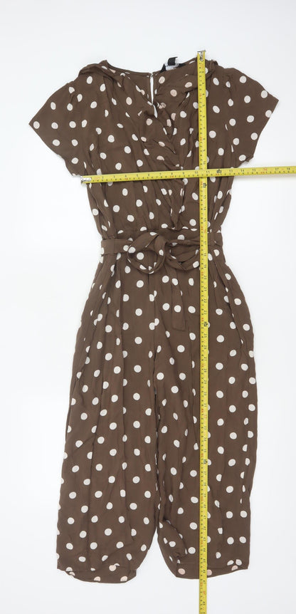 New Look Women Brown Polka Dot Belted Wide Leg Jumpsuit UK 10