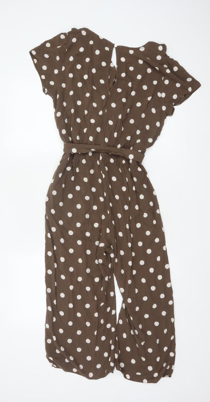 New Look Women Brown Polka Dot Belted Wide Leg Jumpsuit UK 10