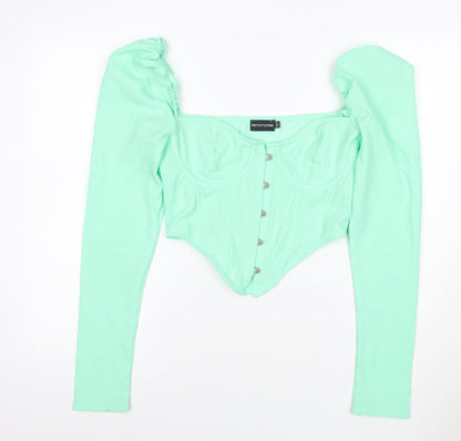 PRETTYLITTLETHING Women Green UK 8 Cropped Puff Sleeve Hook & Eye Blouse