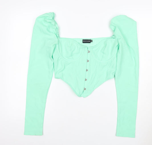 PRETTYLITTLETHING Women Green UK 8 Cropped Puff Sleeve Hook & Eye Blouse