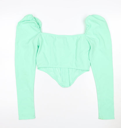 PRETTYLITTLETHING Women Green UK 8 Cropped Puff Sleeve Hook & Eye Blouse