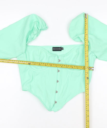 PRETTYLITTLETHING Women Green UK 8 Cropped Puff Sleeve Hook & Eye Blouse