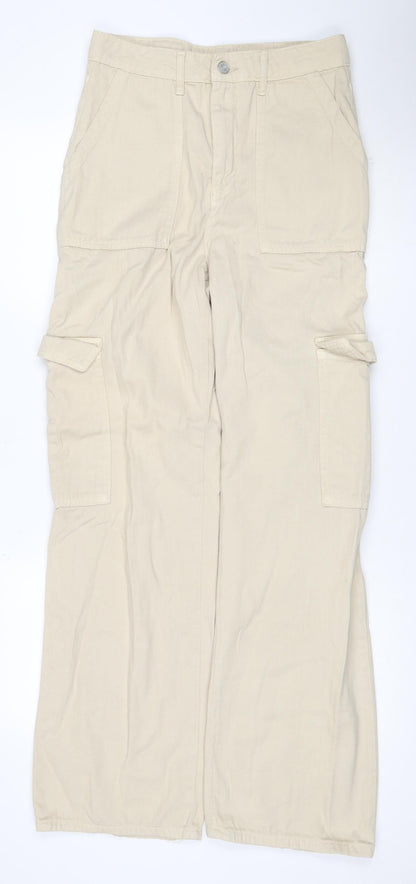 Boohoo Women Beige UK 10 Cotton Cargo Straight Leg Belted Trousers