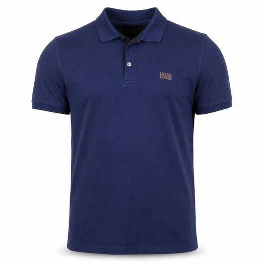 Front view of BOSS Hugo Boss Men’s Blue Small Geometric Logo Polo Shirt