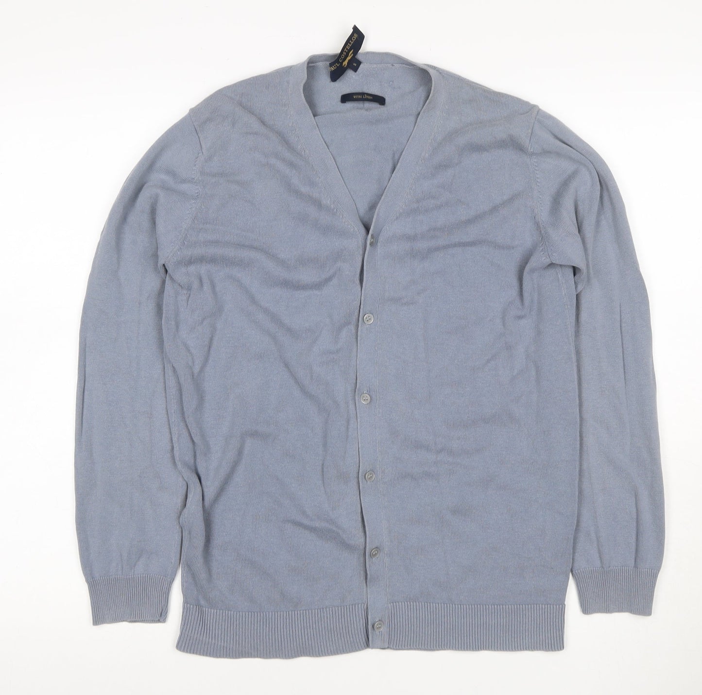 Paul Costelloe Men Blue S Linen Blend V-Neck Button Cardigan