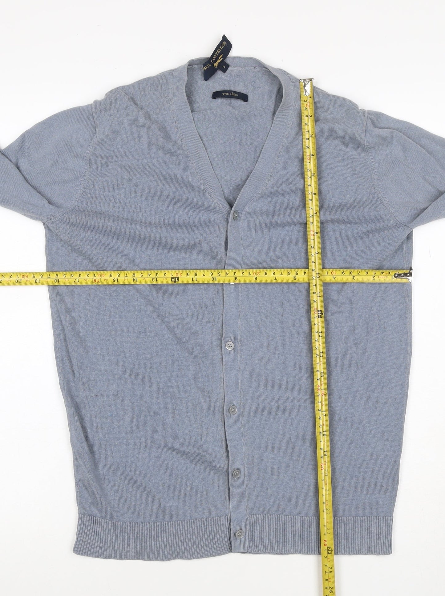 Paul Costelloe Men Blue S Linen Blend V-Neck Button Cardigan