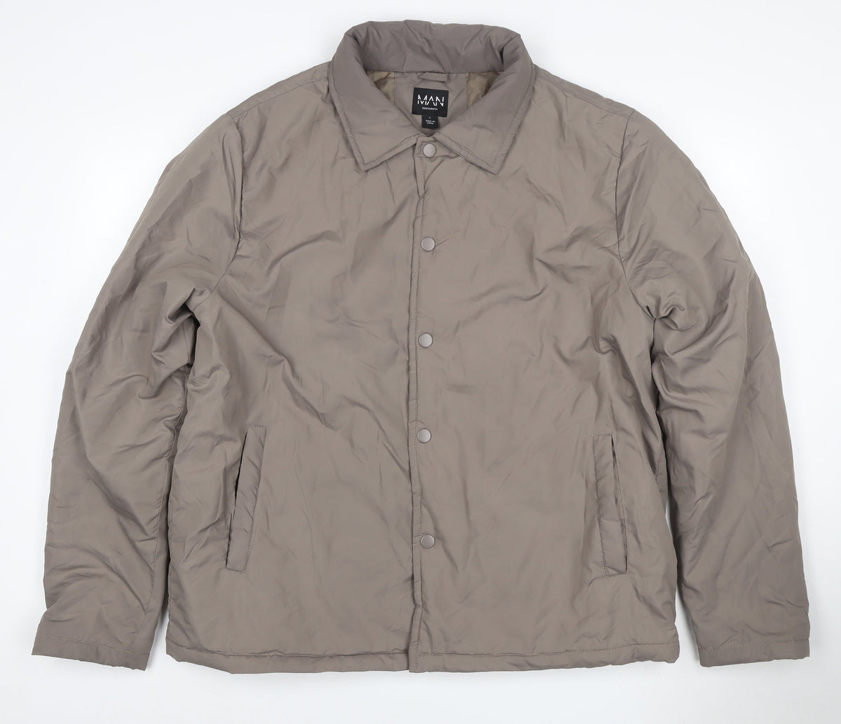 Additional front view of boohooMAN Men’s Grey Tall L Padded Snap Button Jacket Coat