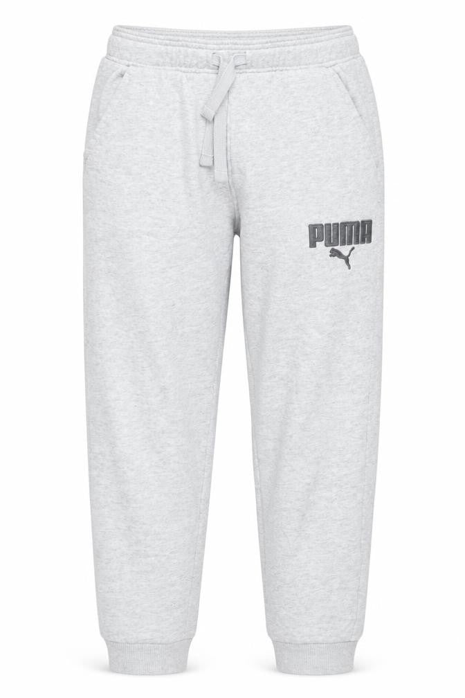 Front view of Puma boys’ grey 14 years jogger sweatpants drawstring logo pockets