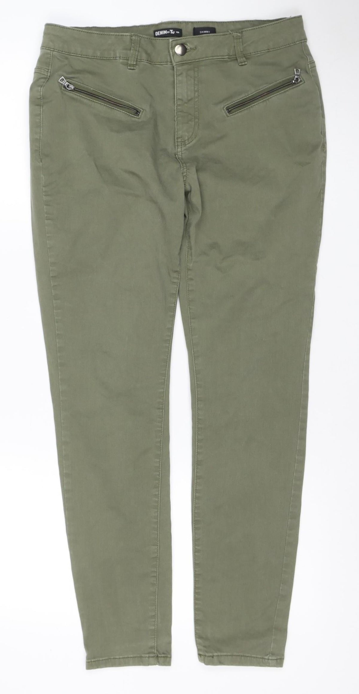 Tu Women Green UK 12 Straight Leg Cotton Jeans Zip Pockets