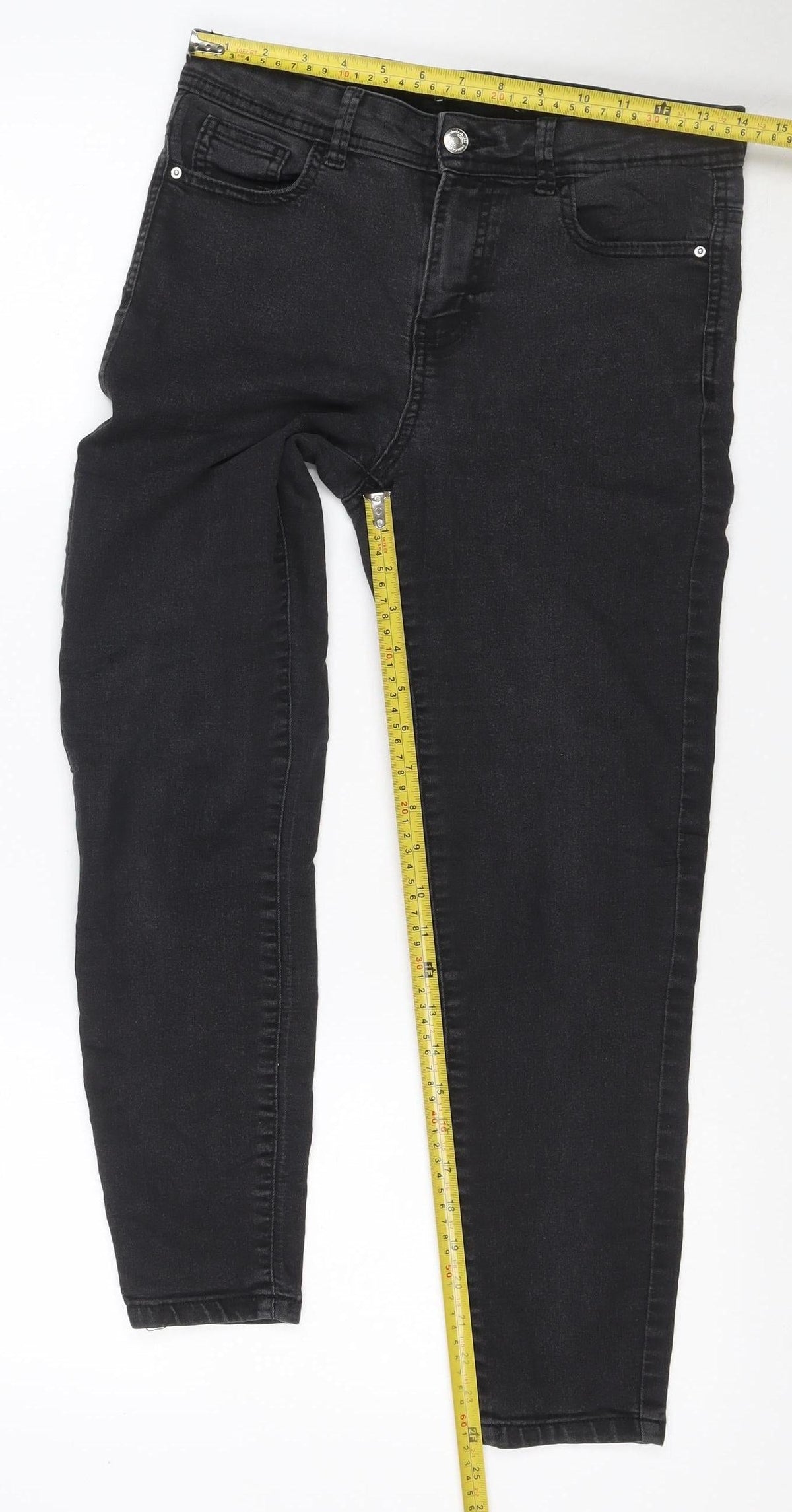 Close-up detail of Denim Co. Women Black UK 12 Straight Mid Rise Stretch Jeans 5 Pocket