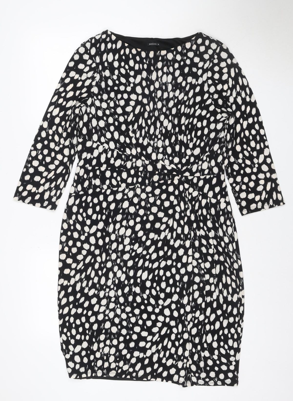 Roman Women Black Animal Print Ruched V-Neck Sheath Dress UK 14