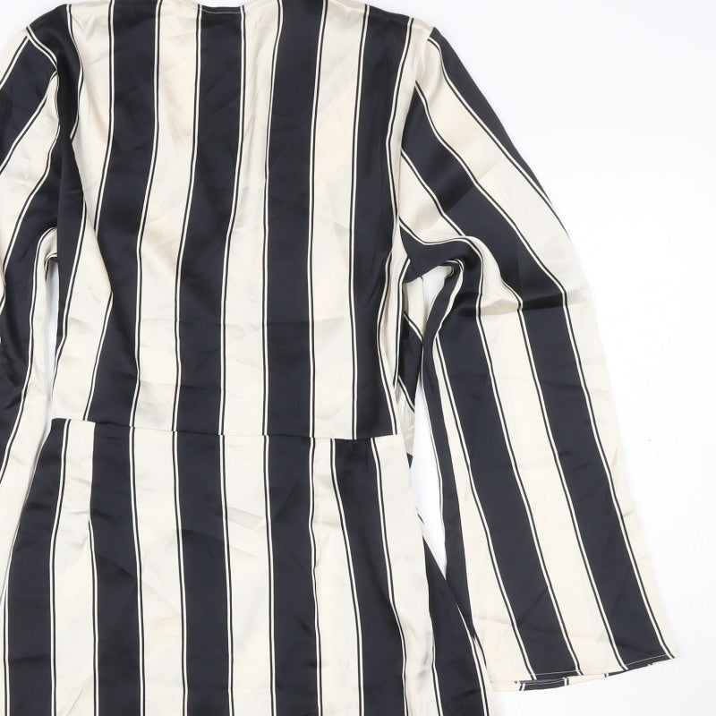 H&M Women Black Ivory Striped UK 16 Midi Wrap Dress Long Sleeve