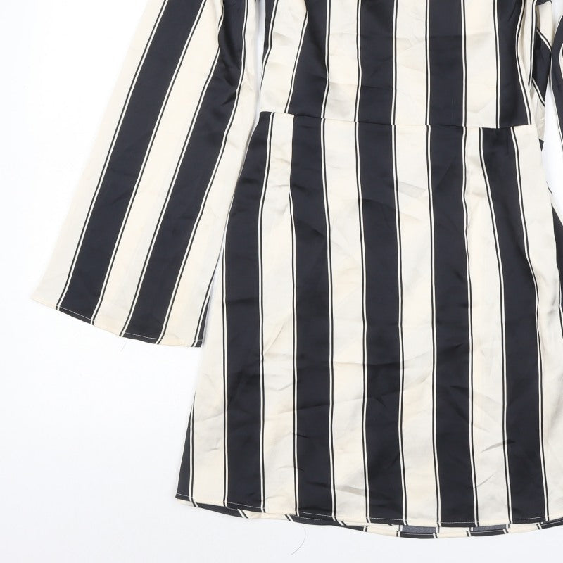 H&M Women Black Ivory Striped UK 16 Midi Wrap Dress Long Sleeve