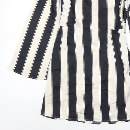 H&M Women Black Ivory Striped UK 16 Midi Wrap Dress Long Sleeve