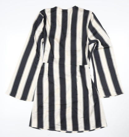 H&M Women Black Ivory Striped UK 16 Midi Wrap Dress Long Sleeve