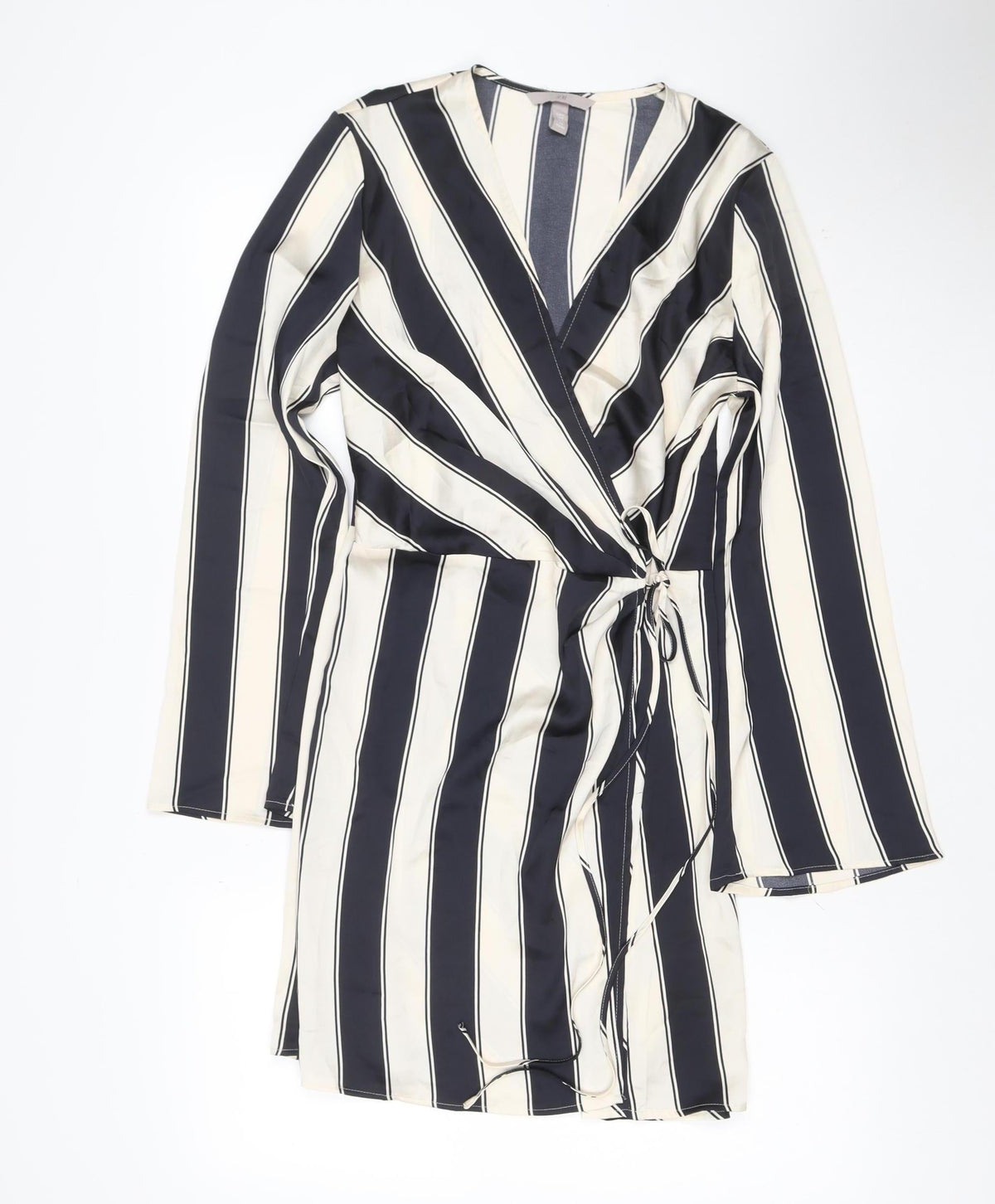 H&M Women Black Ivory Striped UK 16 Midi Wrap Dress Long Sleeve