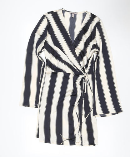 H&M Women Black Ivory Striped UK 16 Midi Wrap Dress Long Sleeve