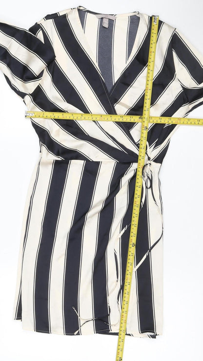 H&M Women Black Ivory Striped UK 16 Midi Wrap Dress Long Sleeve