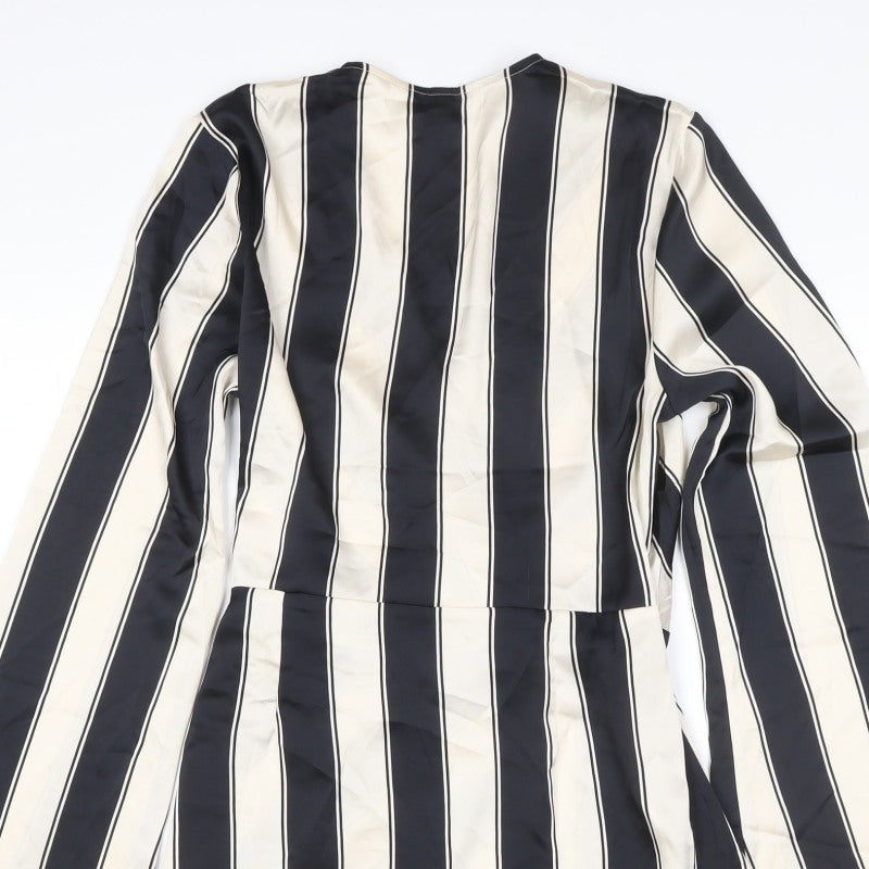 H&M Women Black Ivory Striped UK 16 Midi Wrap Dress Long Sleeve