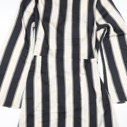 H&M Women Black Ivory Striped UK 16 Midi Wrap Dress Long Sleeve