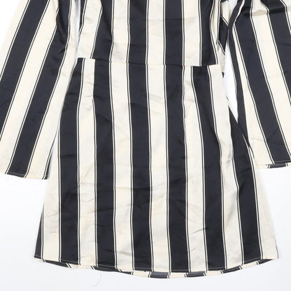 H&M Women Black Ivory Striped UK 16 Midi Wrap Dress Long Sleeve