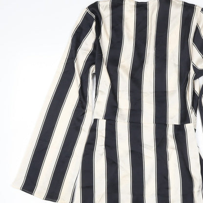 H&M Women Black Ivory Striped UK 16 Midi Wrap Dress Long Sleeve