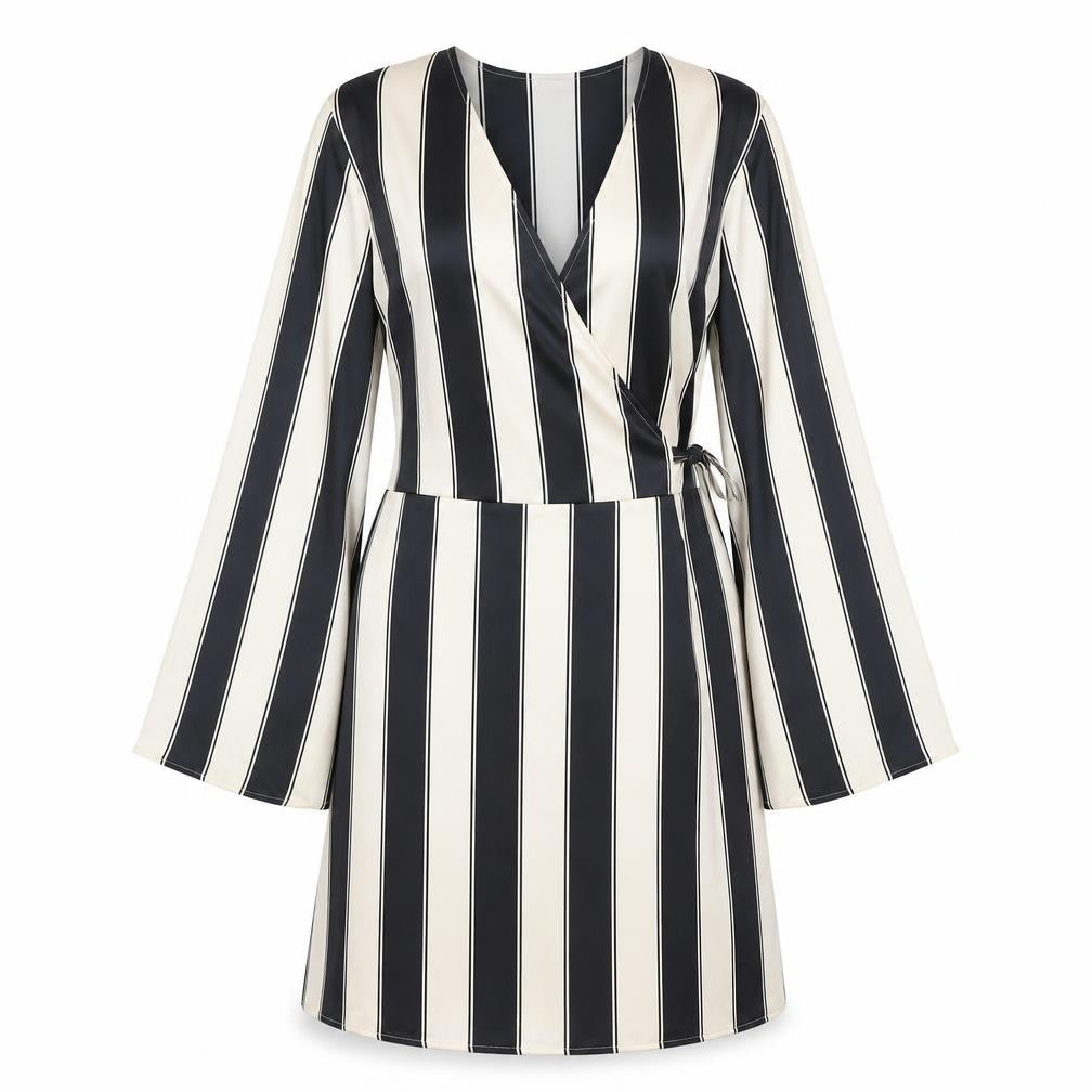 H&M Women Black Ivory Striped UK 16 Midi Wrap Dress Long Sleeve