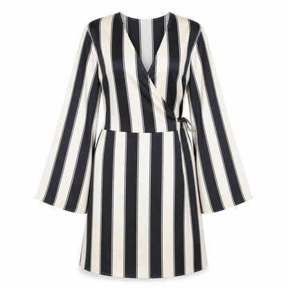 H&M Women Black Ivory Striped UK 16 Midi Wrap Dress Long Sleeve