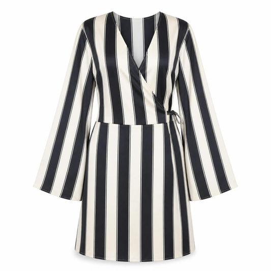 H&M Women Black Ivory Striped UK 16 Midi Wrap Dress Long Sleeve