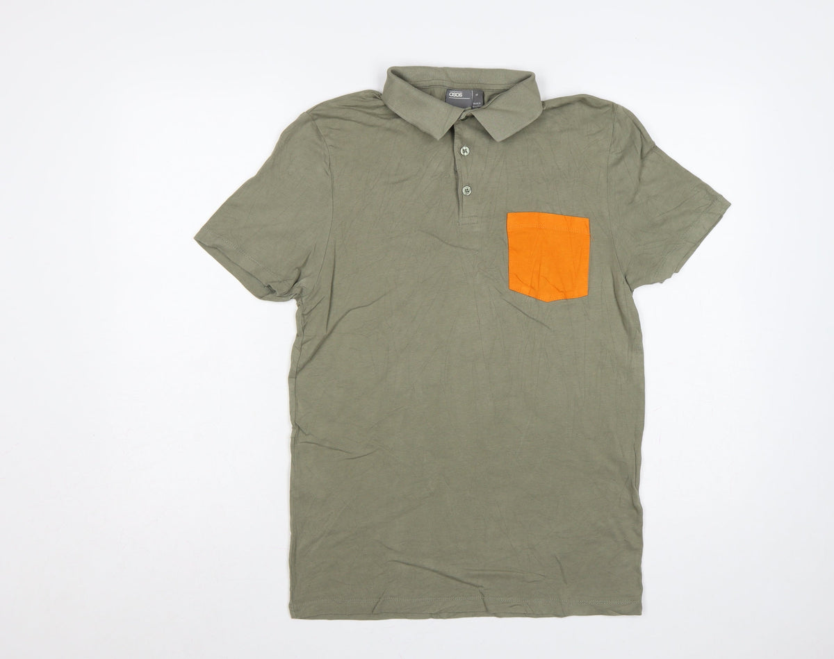 Additional front view of ASOS Men’s Green Orange Pocket Cotton Stretch Polo Shirt M Short Sleeve