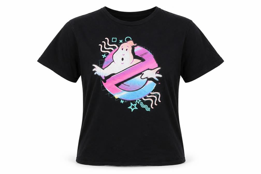 Front view of Ghostbusters unisex black m retro logo graphic cotton t-shirt