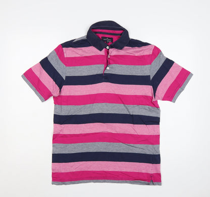 Marks and Spencer Men’s S Pink Striped Cotton Regular Fit Polo Shirt