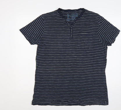 Jasper Conran Men’s Blue Striped Henley T-Shirt Size L Pocket
