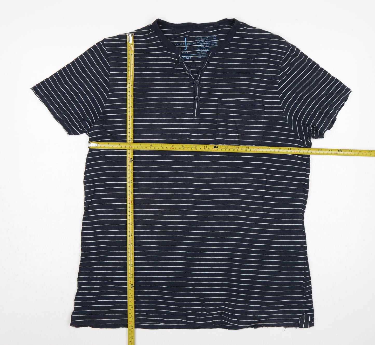 Jasper Conran Men’s Blue Striped Henley T-Shirt Size L Pocket