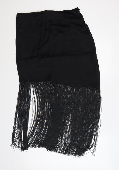 M&S Women Black UK 14 Regular Asymmetric Fringe Wrap Skirt