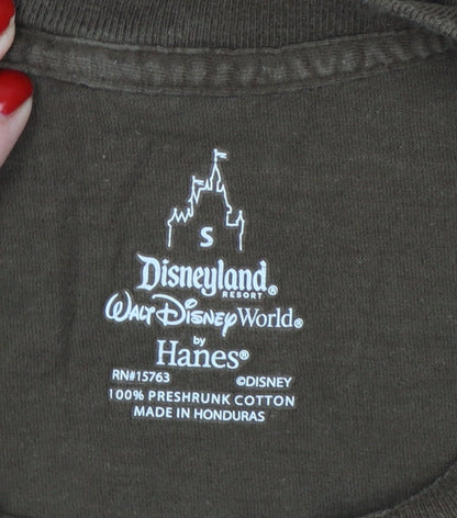 Brand and care label for Hanes Men Brown S Disney Grumpy Happy Graphic Print T-Shirt