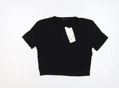 Zara Women Black UK 14 Cropped Stretch Jersey T-Shirt