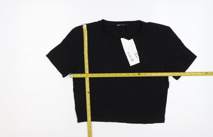 Zara Women Black UK 14 Cropped Stretch Jersey T-Shirt
