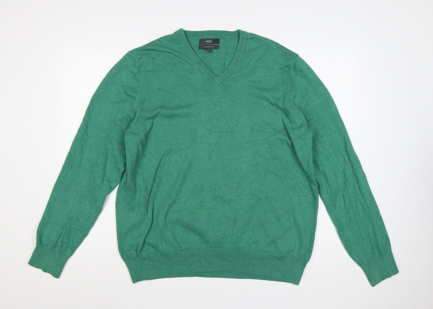 Marks and Spencer Men Green XL Pure Cotton V-Neck Pullover Jumper