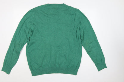 Marks and Spencer Men Green XL Pure Cotton V-Neck Pullover Jumper