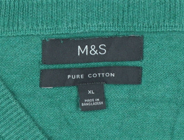 Marks and Spencer Men Green XL Pure Cotton V-Neck Pullover Jumper