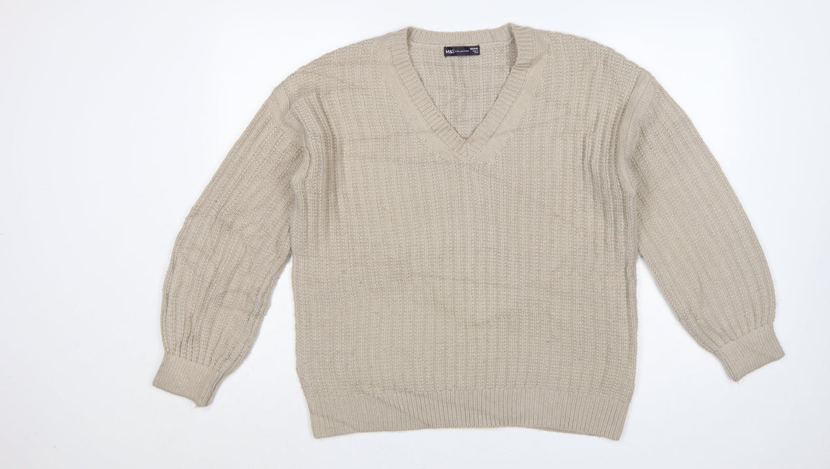 Marks & Spencer Women Beige M V-Neck Rib Knit Pullover Jumper