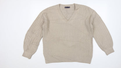 Marks & Spencer Women Beige M V-Neck Rib Knit Pullover Jumper