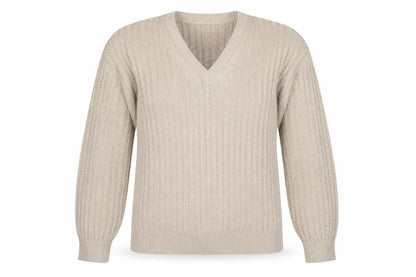 Marks & Spencer Women Beige M V-Neck Rib Knit Pullover Jumper