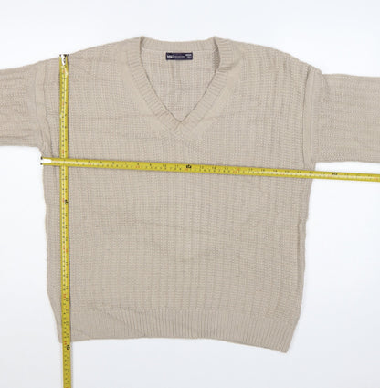 Marks & Spencer Women Beige M V-Neck Rib Knit Pullover Jumper