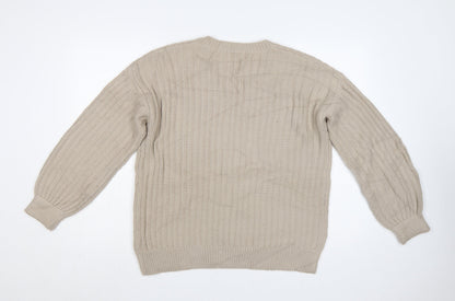 Marks & Spencer Women Beige M V-Neck Rib Knit Pullover Jumper