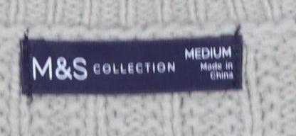 Marks & Spencer Women Beige M V-Neck Rib Knit Pullover Jumper