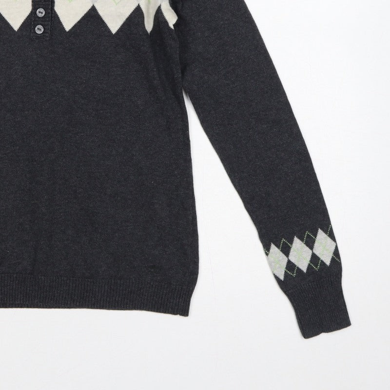 Esprit Women’s Grey Argyle Henley V-Neck Knit Jumper Size S