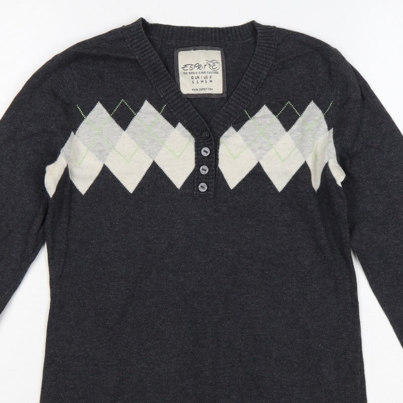 Esprit Women’s Grey Argyle Henley V-Neck Knit Jumper Size S